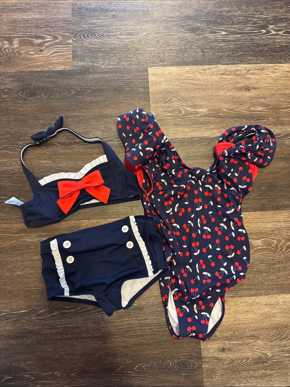 Janie and Jack Navy Blue Cherry Print Two-Piece and One-Piece Swim Set